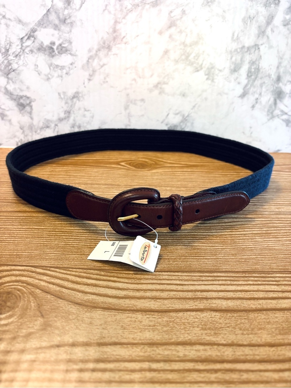 NWT Vintage Talbots Navy & Brown Leather Stretch Belt - Size Large Women’s